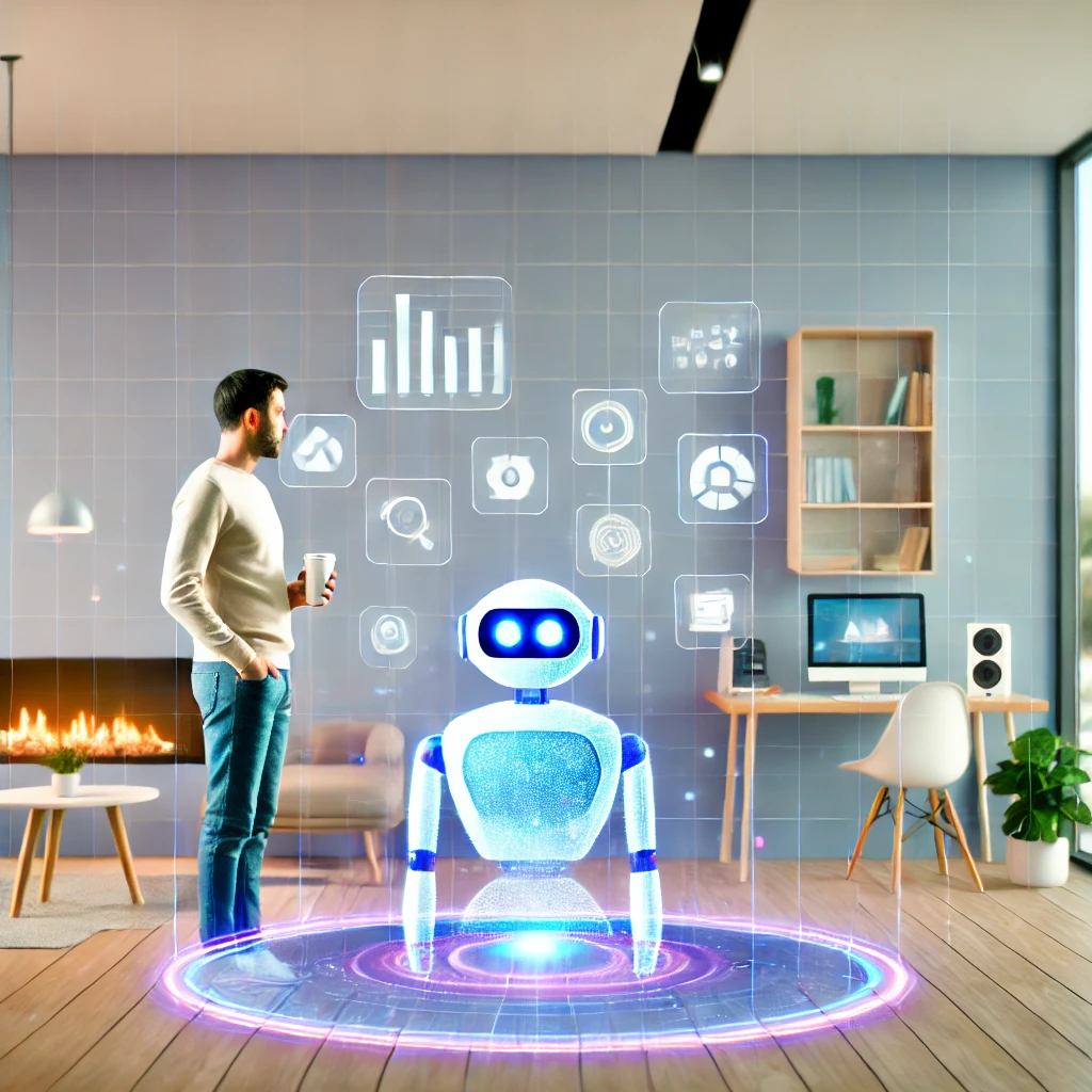 DALL·E 2024-11-10 20.02.14 – A futuristic scene showing a small business owner working with AI technology in a cozy yet modern office environment. The business owner, standing bes
